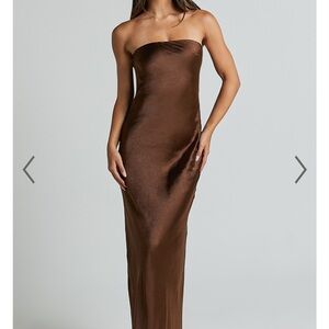 Brown Satin Cowl Back Sleeveless Gown